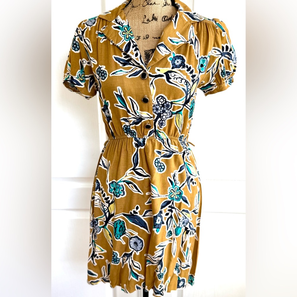 Vintage Mustard and Teal Floral Midi Dress